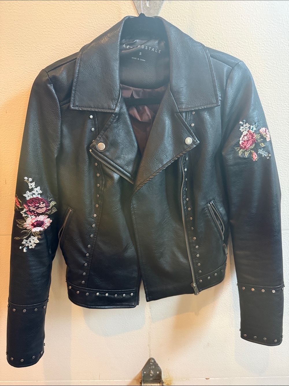 Aeropostale Black Faux Leather Moto Jacket with Pink Floral Embroidery